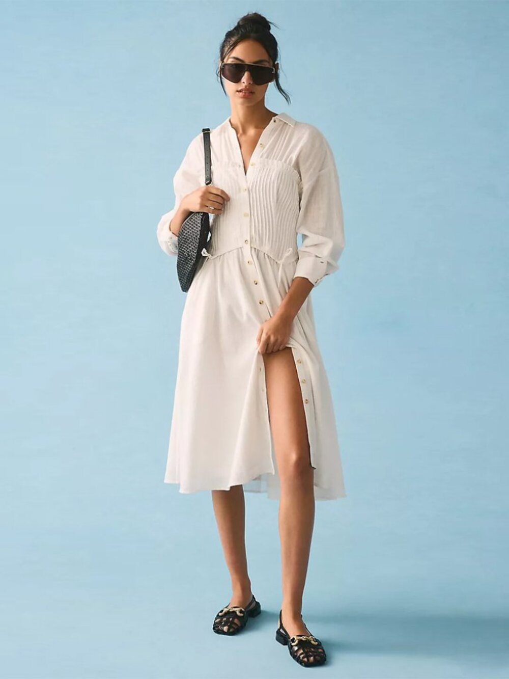 Anthropologie Pilcro White Shirred Corset Buttondown Long Sleeve Midi Dress - Picture 2 of 11